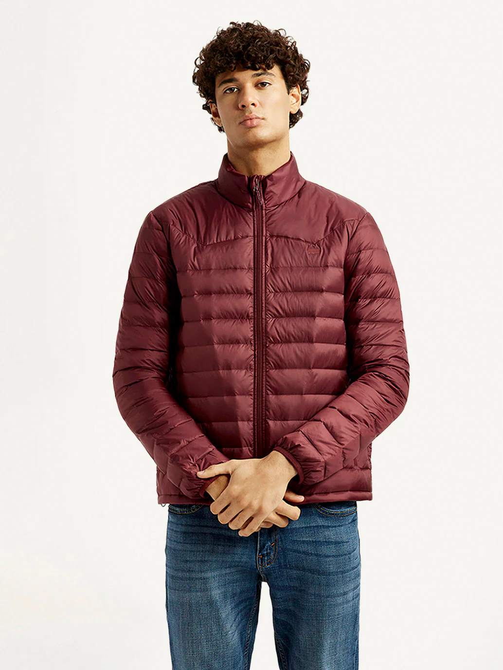 Men's Solid Maroon Puffer Jacket - Image 2
