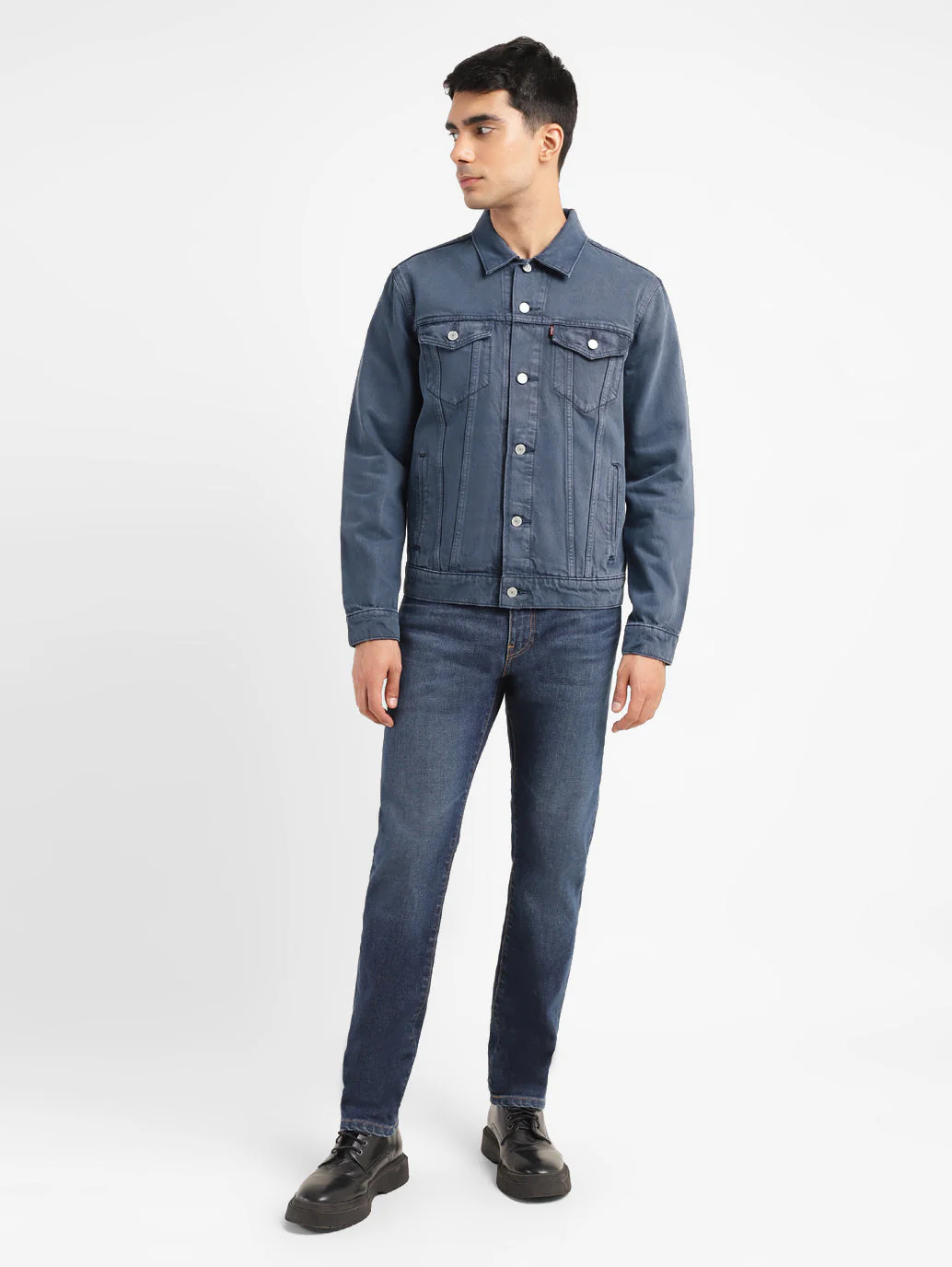 Men's Solid Mid Indigo Spread Collar Denim Jacket - Image 5