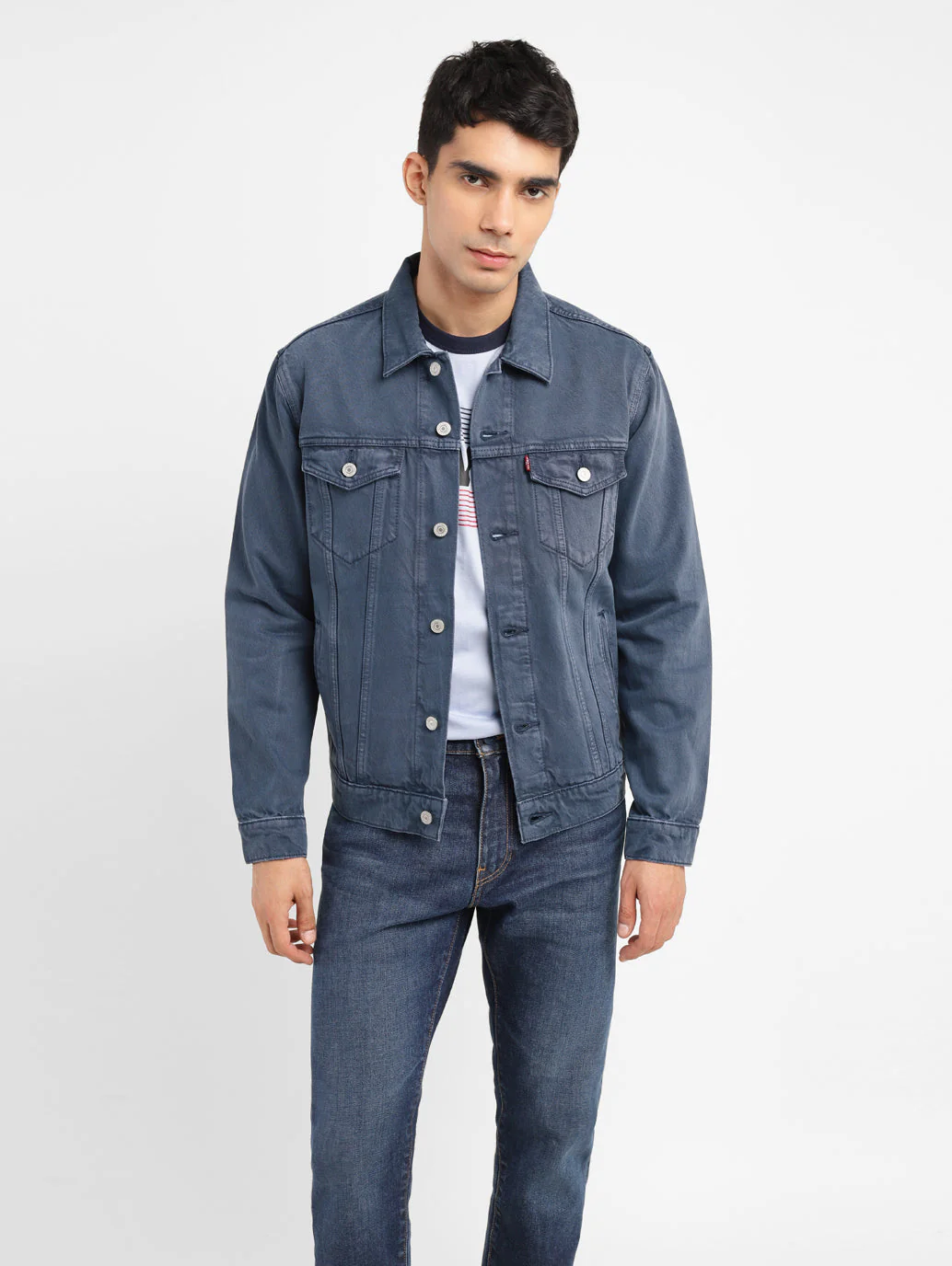 Men's Solid Mid Indigo Spread Collar Denim Jacket - Image 6