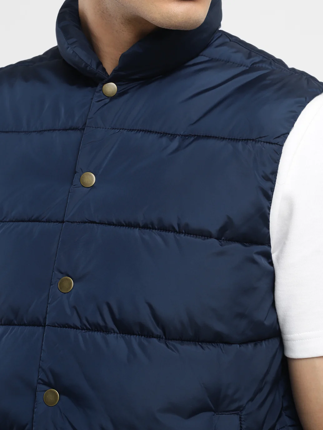 Men's Solid Navy Band Neck Quilted Jacket - Image 2