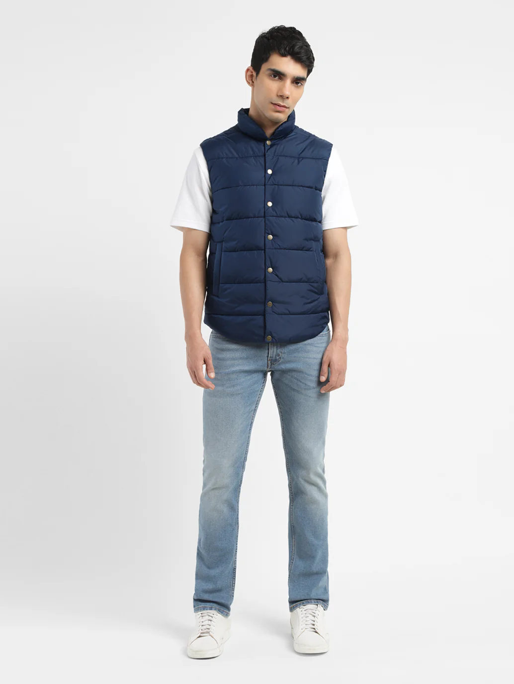 Men's Solid Navy Band Neck Quilted Jacket - Image 3