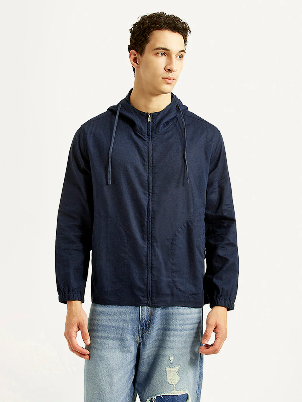 Men's Solid Navy Linen Jacket - Image 2