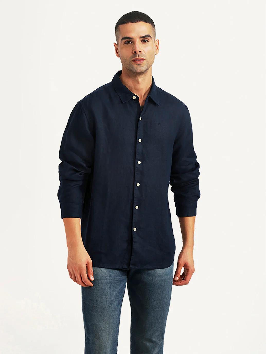 Men's Solid Navy Slim Fit Linen Shirt
