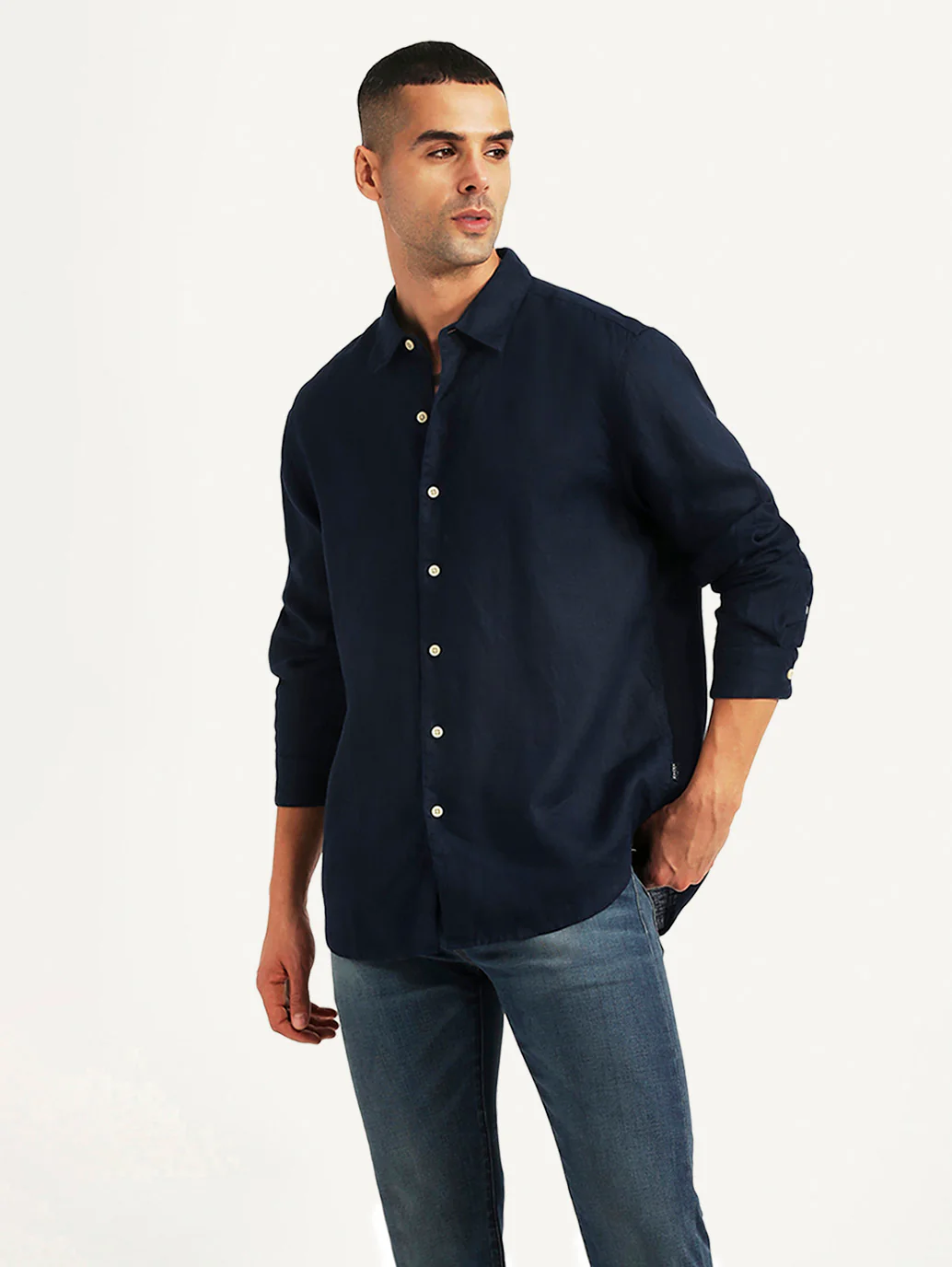 Men's Solid Navy Slim Fit Linen Shirt - Image 3