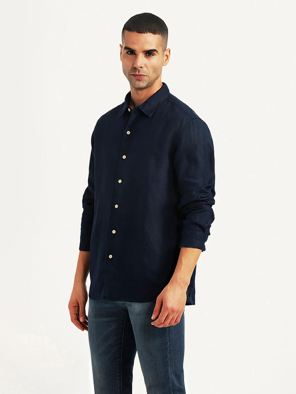 Men's Solid Navy Slim Fit Linen Shirt - Image 5