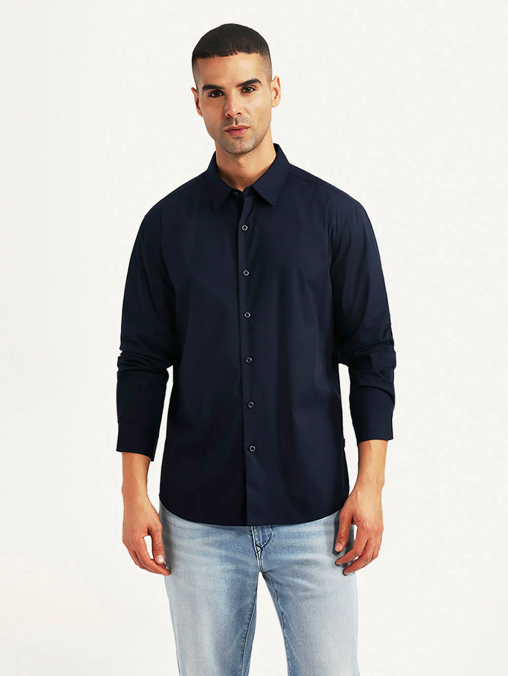 Men's Solid Navy Slim Fit Shirt - Image 5