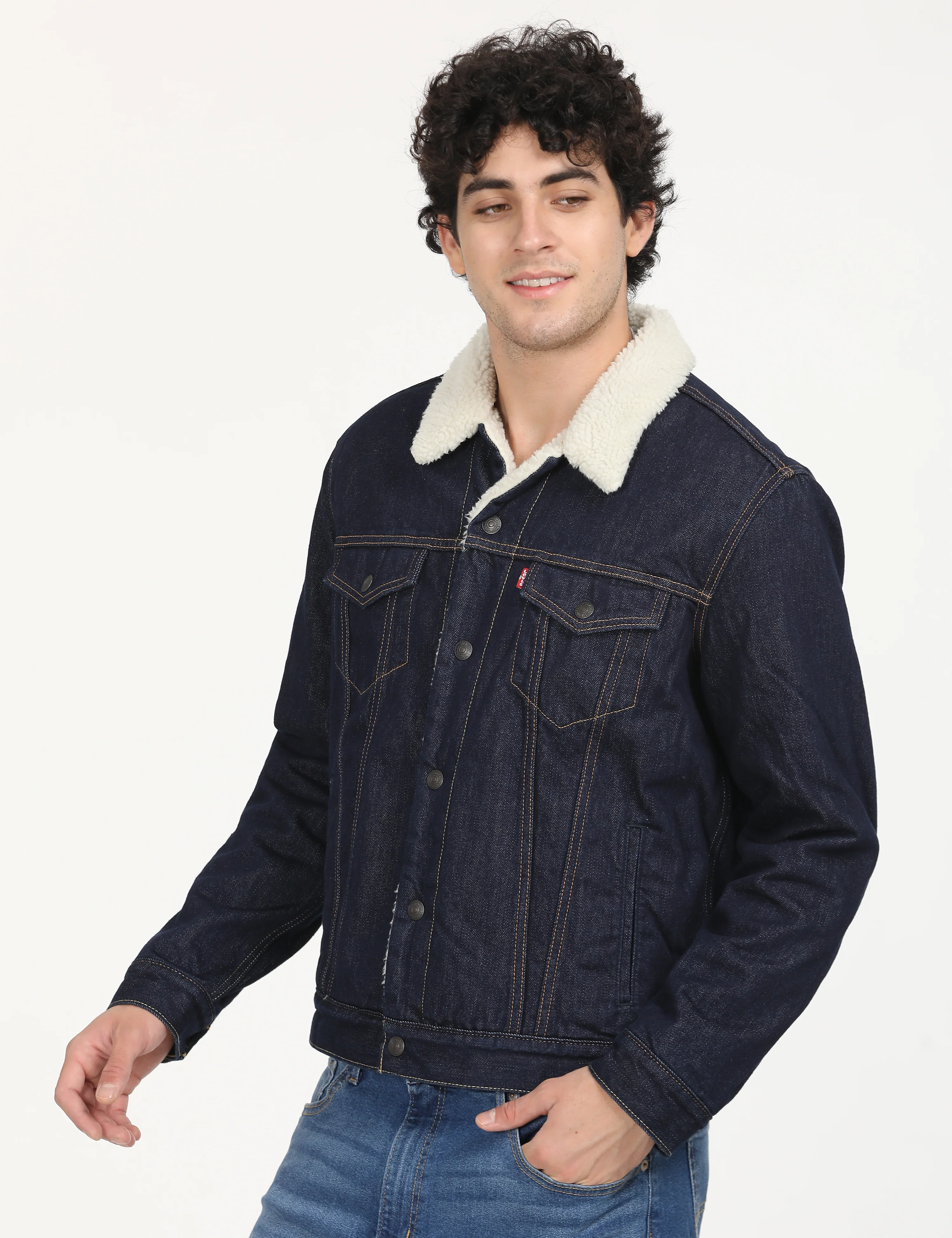 Men's Solid Navy Spread Collar Denim Jacket - Image 2