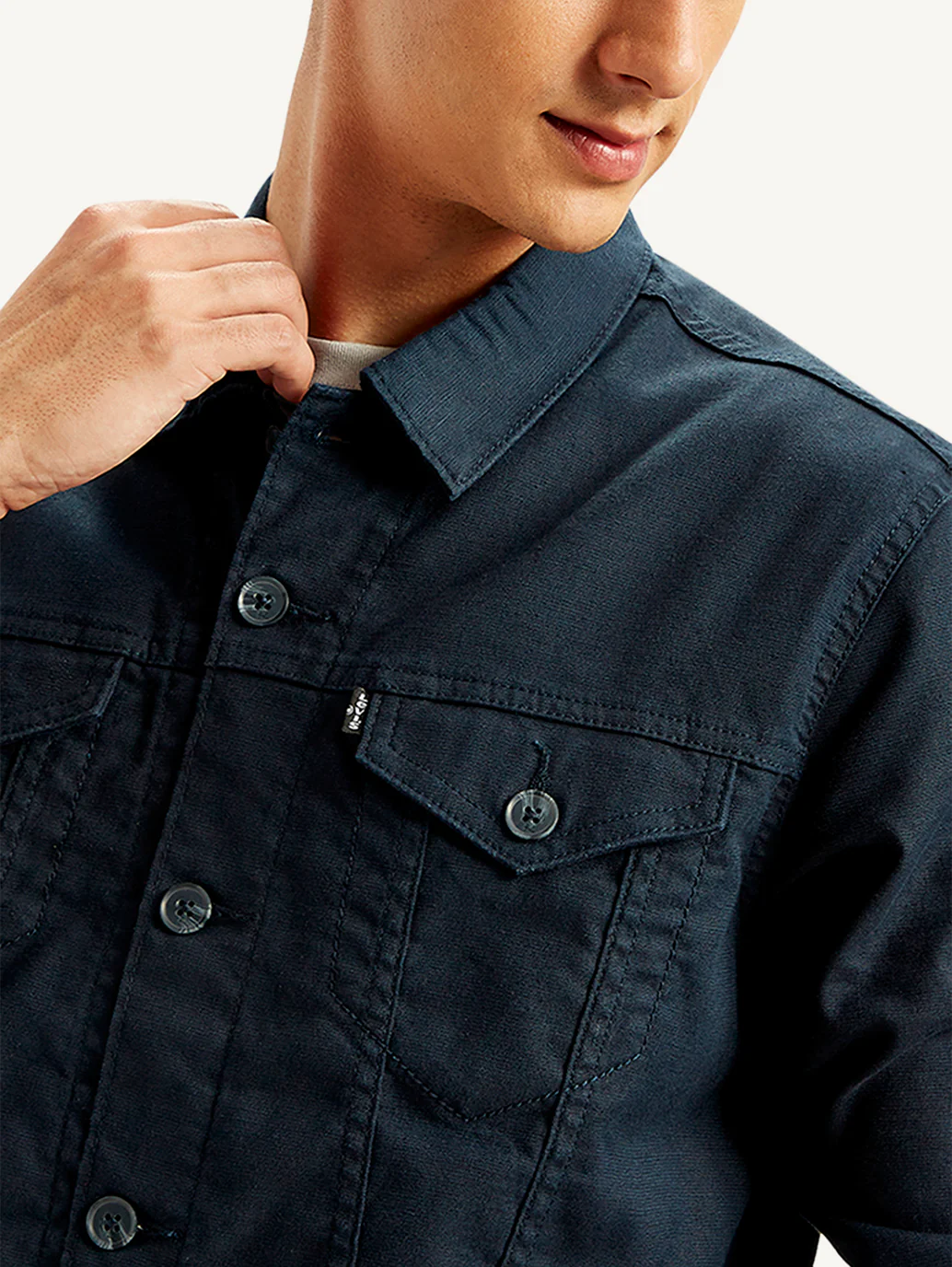 Men's Redloop Solid Navy Spread Collar Trucker Jacket - Image 5