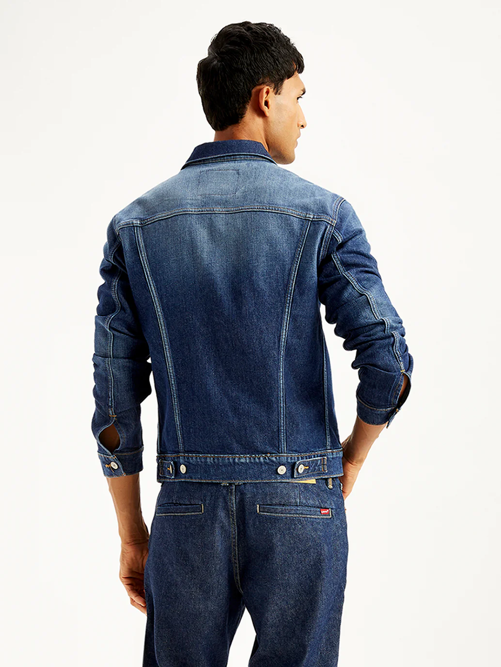 Men's Solid Navy Spread Collar Trucker Denim Jacket - Image 3