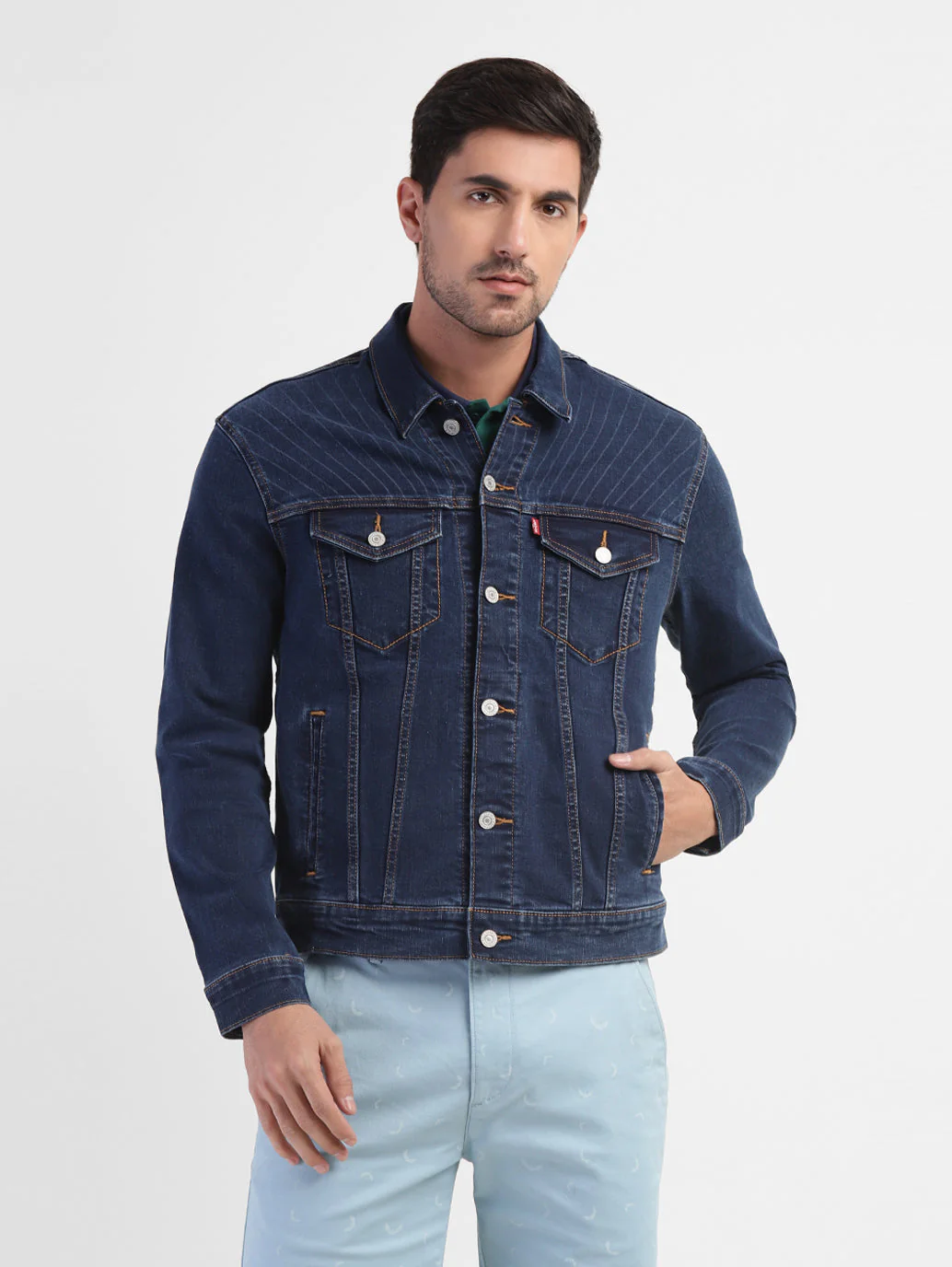 Men's Solid Spread Collar Denim Jacket - Image 2