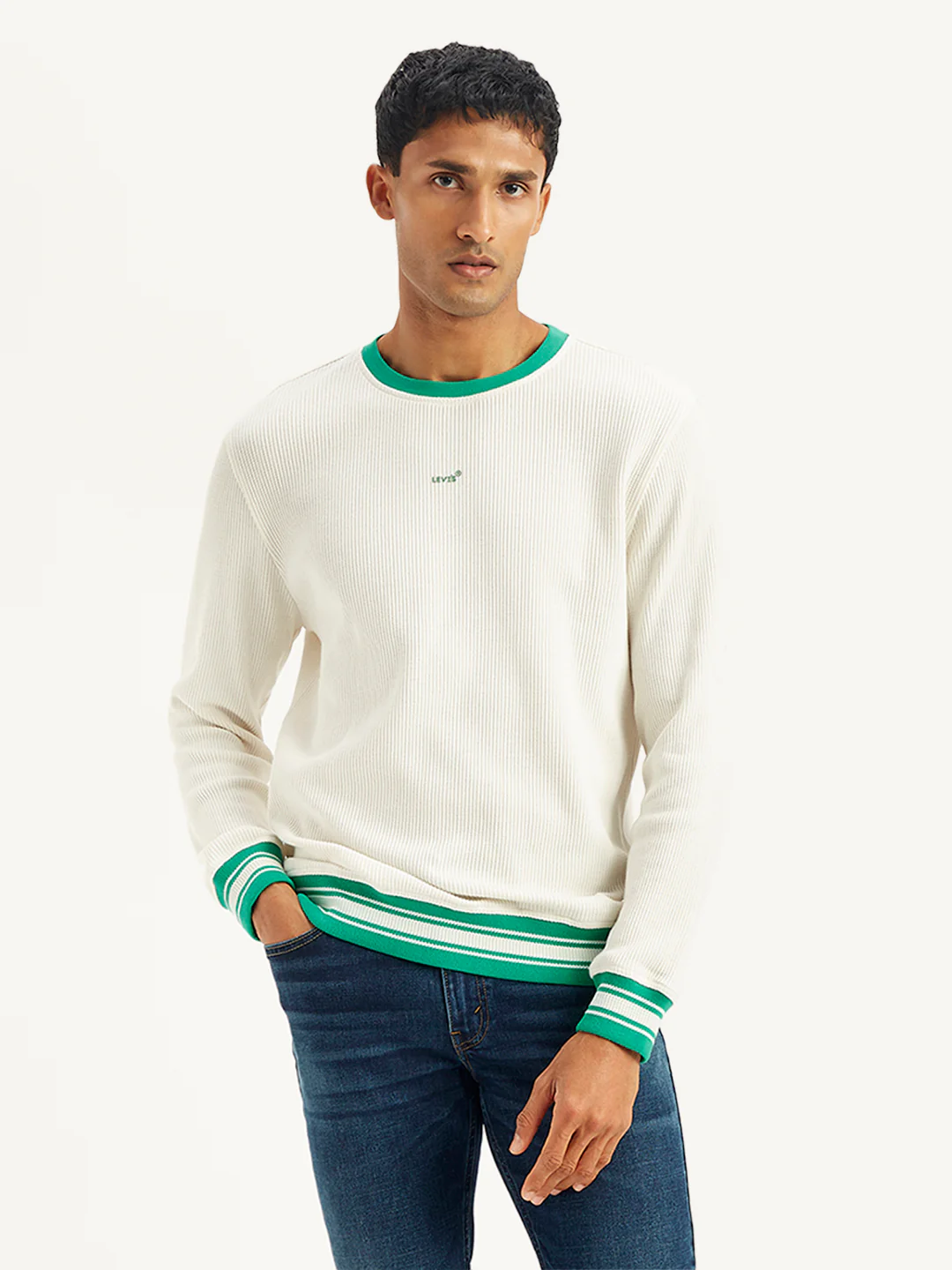 Men's Solid Off-White Crew Neck Sweater - Image 2