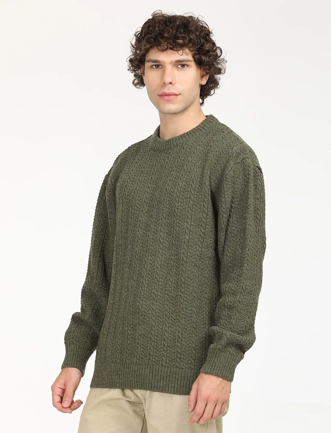 Men's Solid Olive Crew Neck Sweater - Image 2