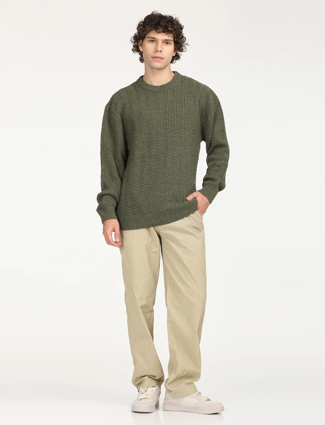 Men's Solid Olive Crew Neck Sweater - Image 6