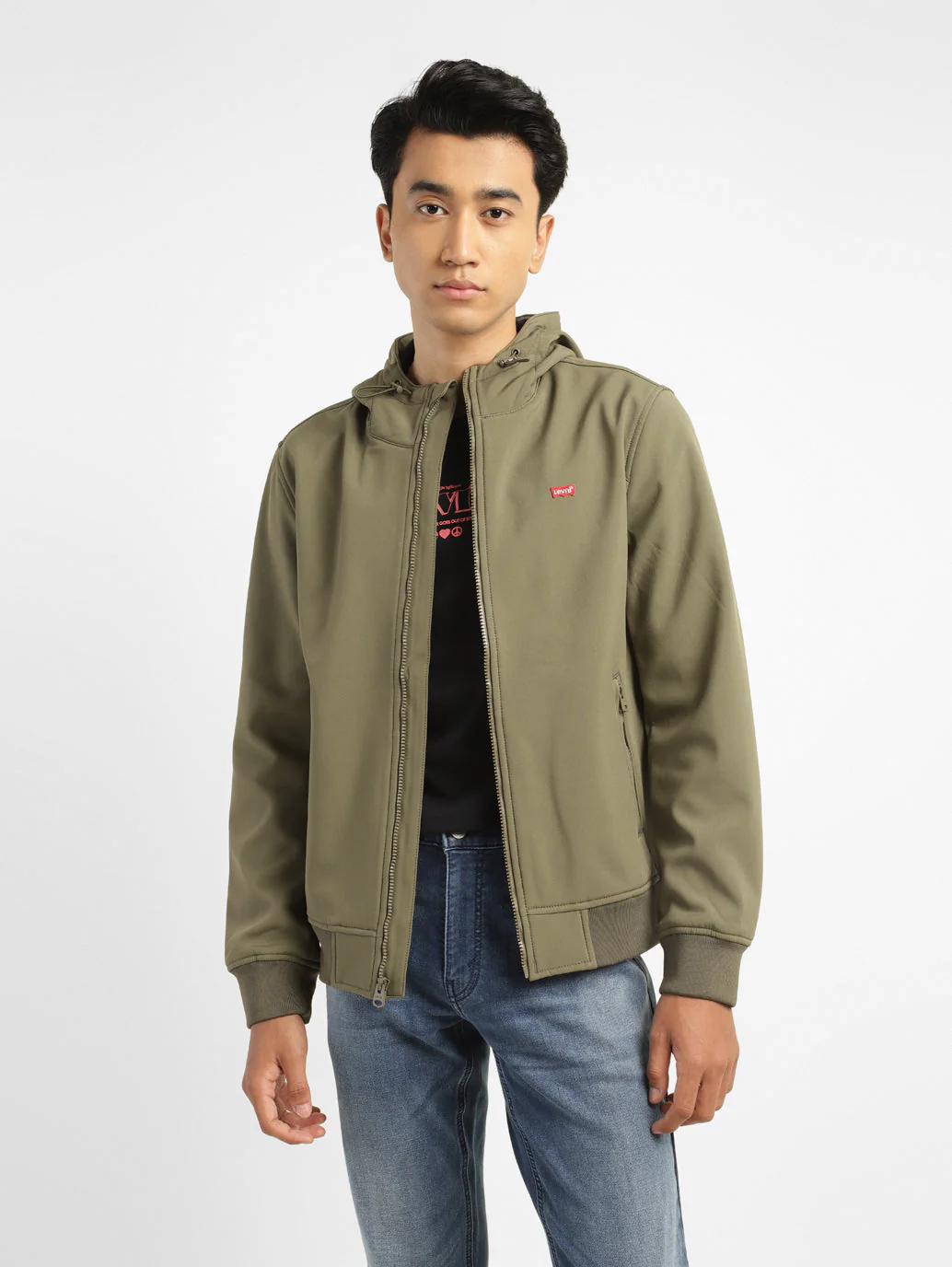 Men's Solid olive green Hooded Bomber Jacket - Image 2