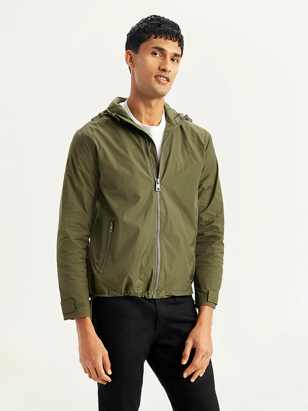 Men's Solid Olive Hooded Tailored Jacket - Image 4
