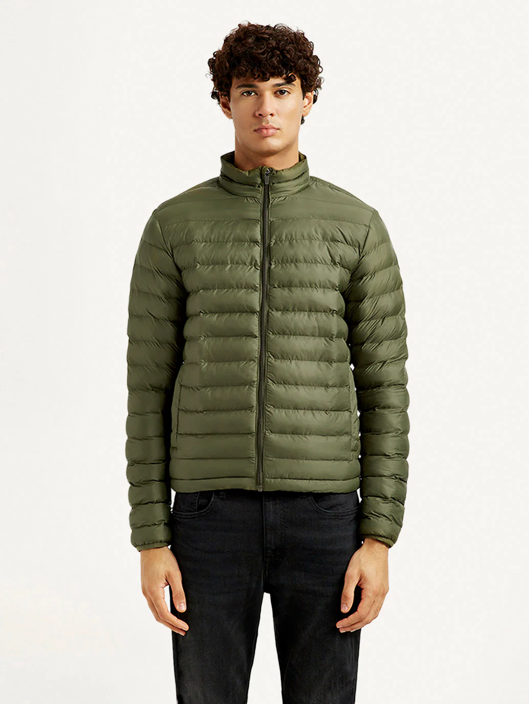 Men's Solid Olive Puffer Jacket - Image 2