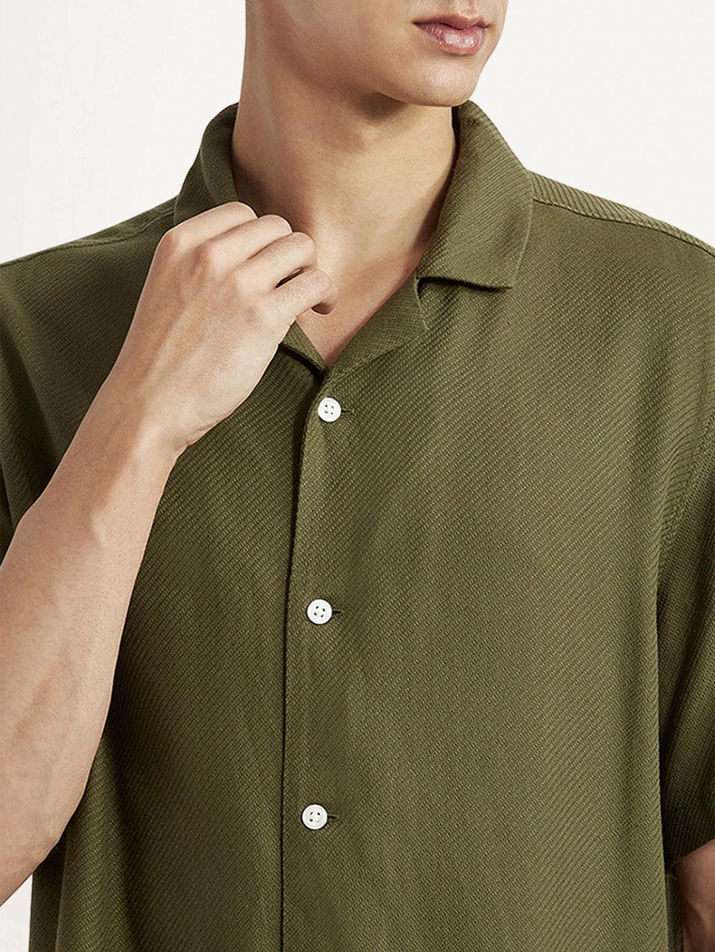 Men's Solid Olive Relaxed Fit Camp Shirt - Image 3