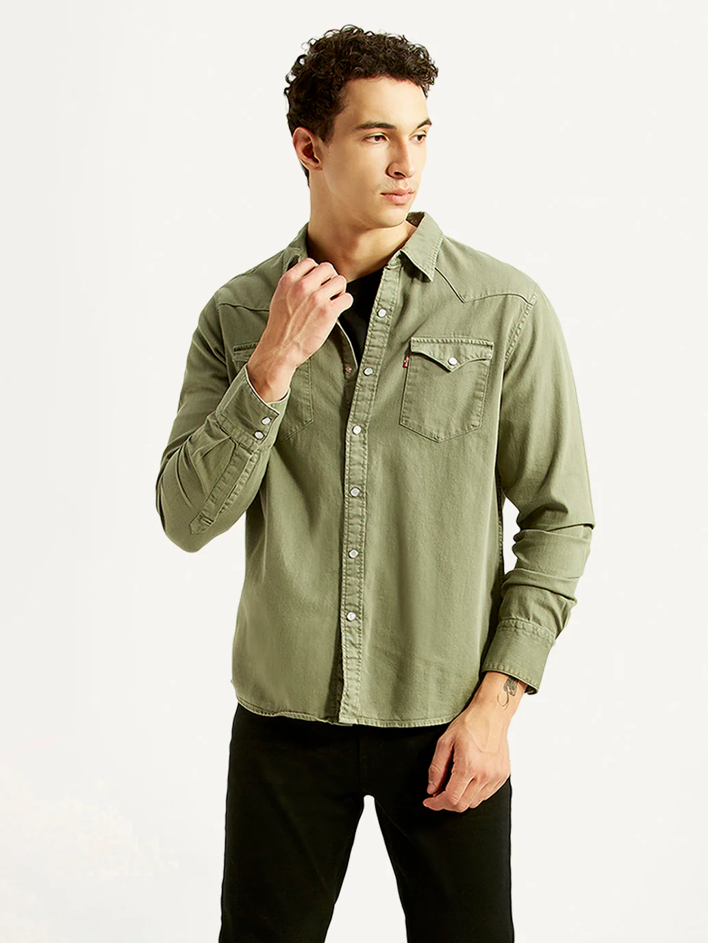 Men's Solid Olive Slim Fit Denim Shirt