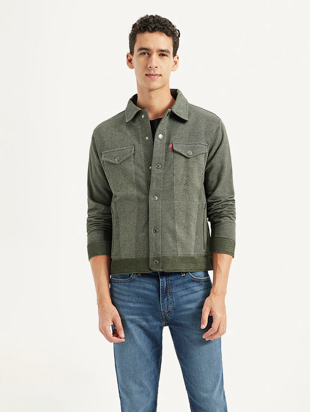 Men's Solid Olive Spread Collar Jacket - Image 2