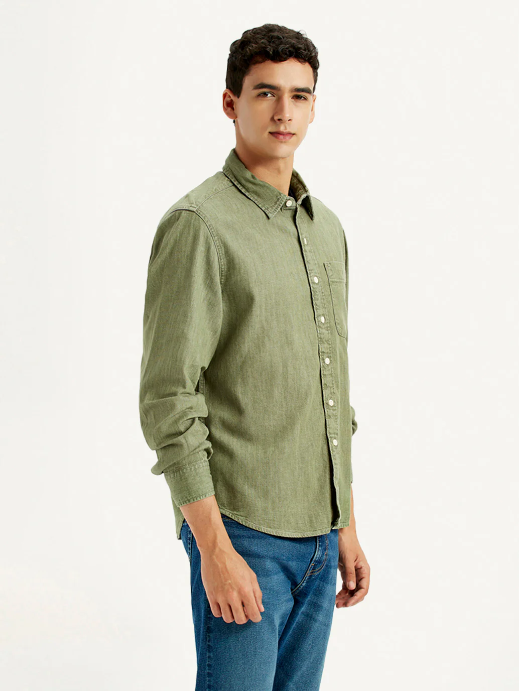 Men's Solid Olive Spread Collar Relaxed Fit Shirt - Image 5