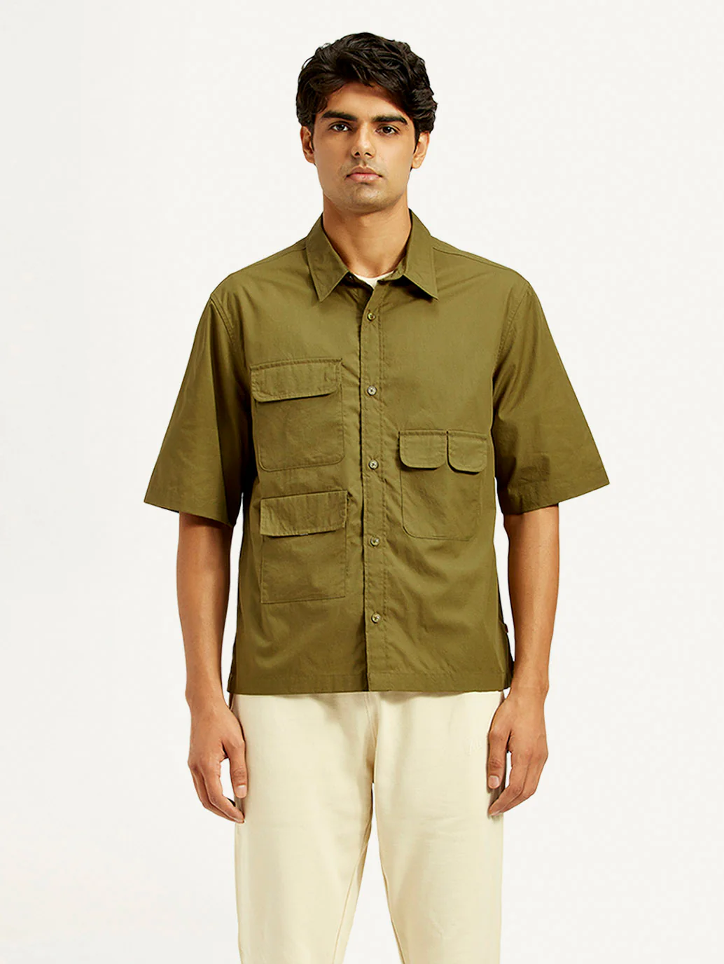 Men's Solid Olive Spread Collar Shirt - Image 2