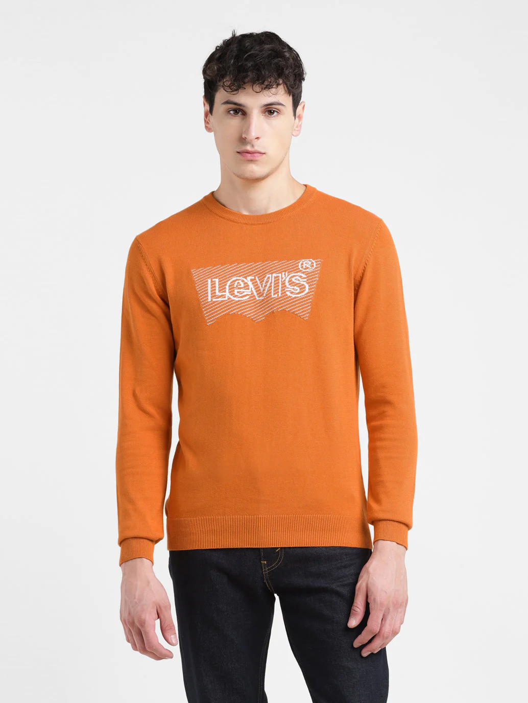 Men's Solid Orange Crew Neck Sweater - Image 2