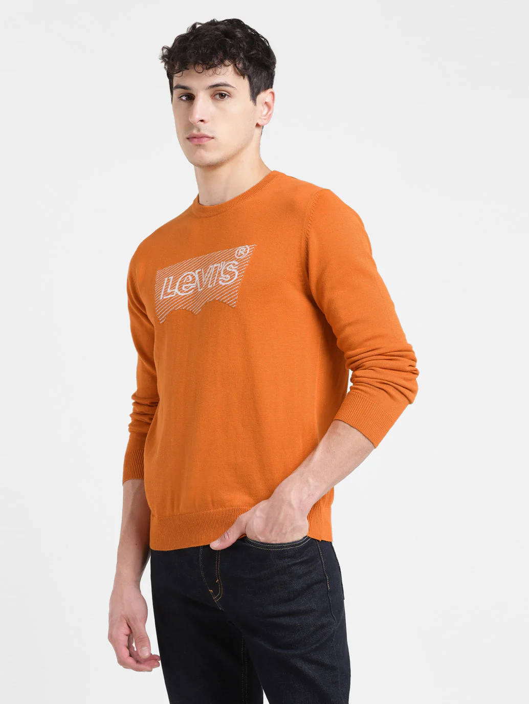 Men's Solid Orange Crew Neck Sweater - Image 6