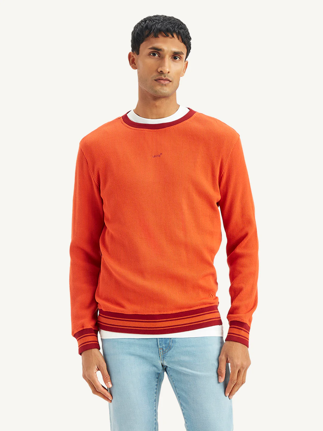 Men's Solid Orange Crew Neck Sweater - Image 2