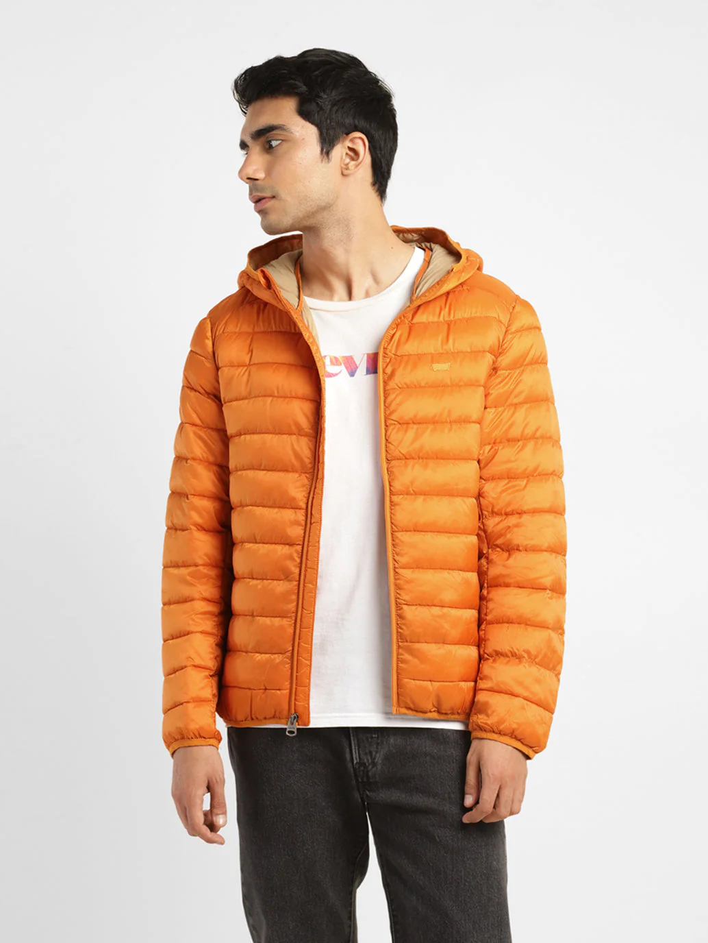 Men's Solid Orange Quilted Jacket - Image 2