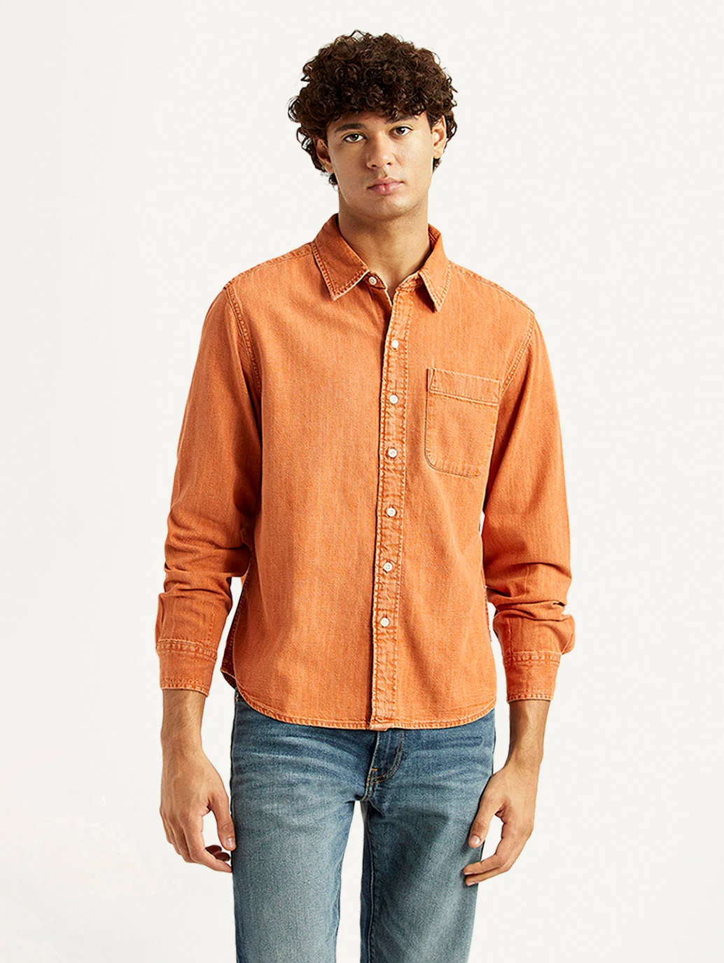 Men's Solid Orange Spread Collar Shirt - Image 2