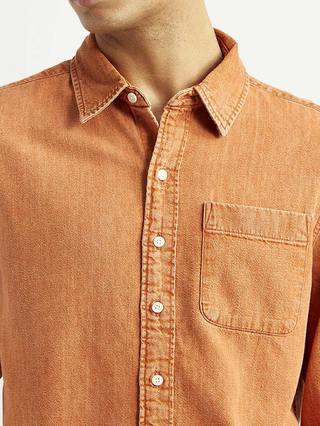 Men's Solid Orange Spread Collar Shirt - Image 5
