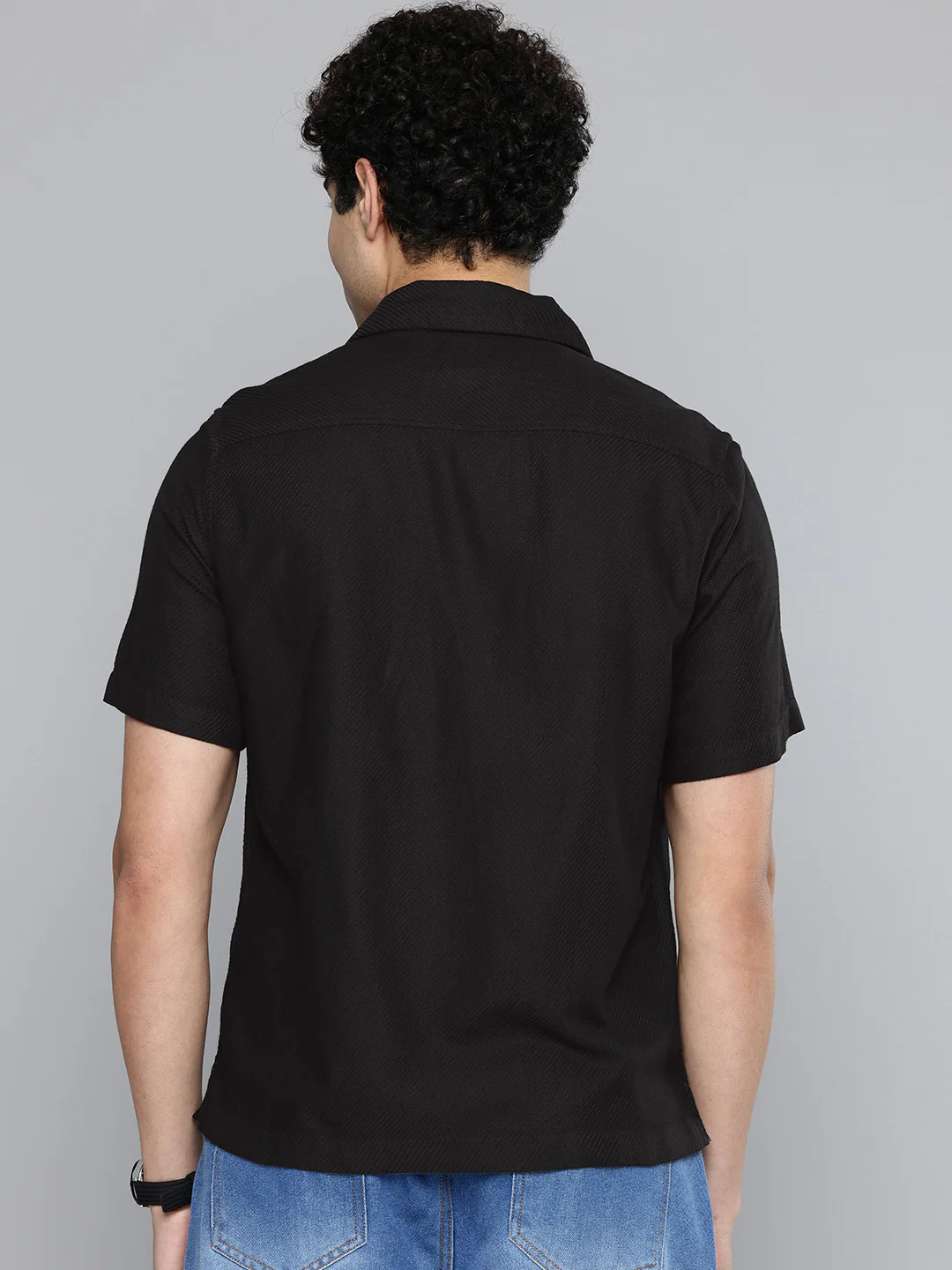 Men's Solid Black Spread Collar Shirt - Image 2