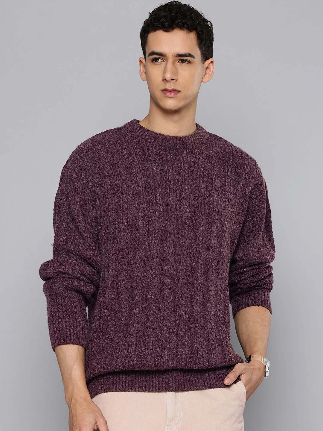 Men's Solid Purple Crew Neck Sweater