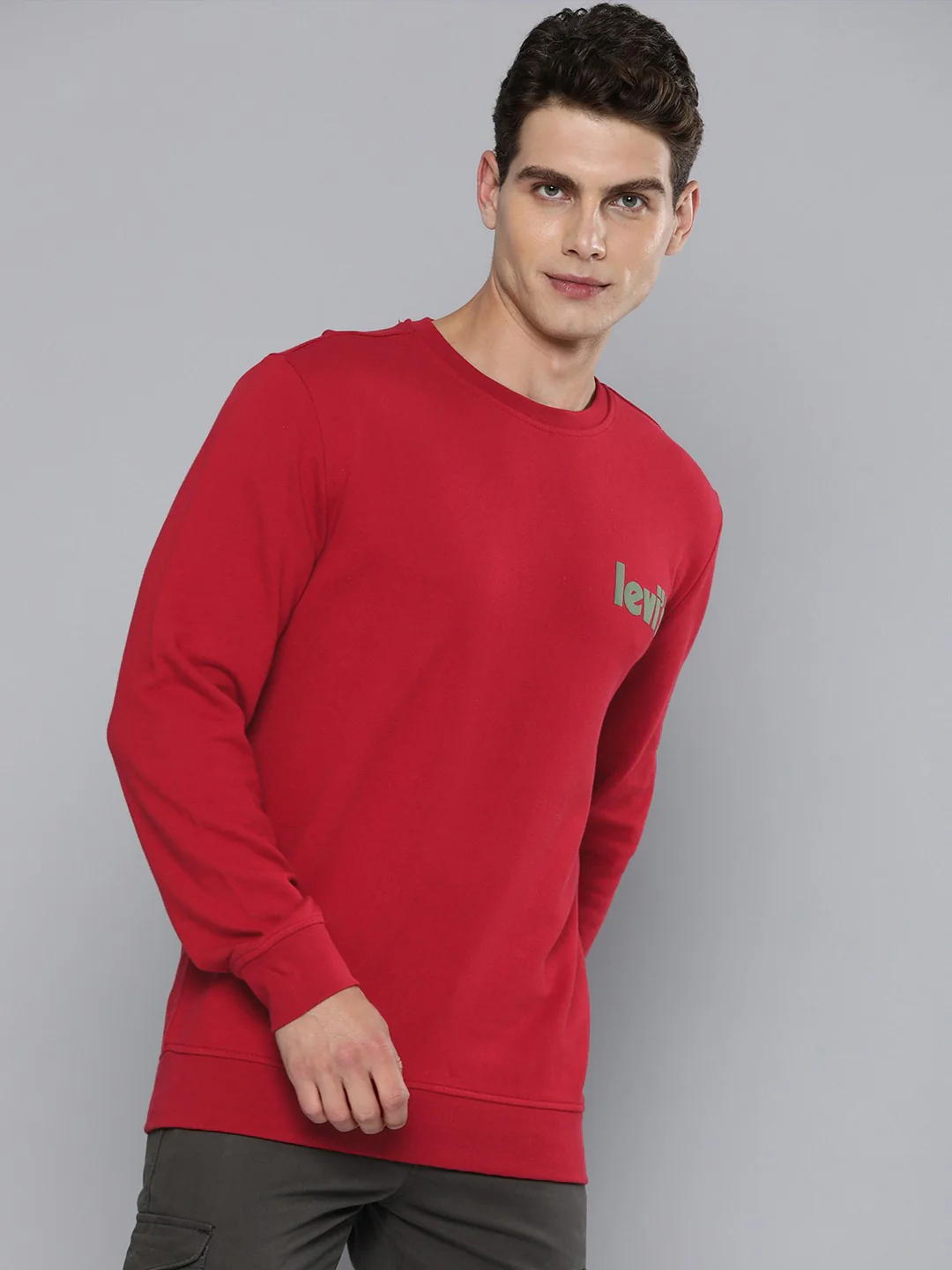 Men's Solid Red Crew Neck Sweatshirt - Image 3