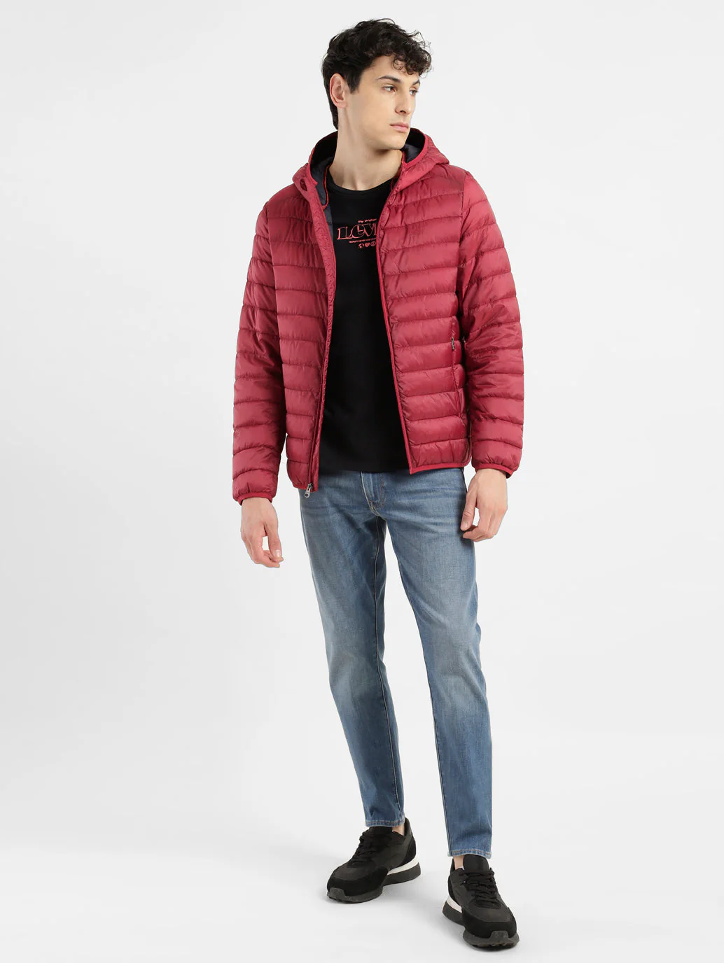 Men's Solid Red Hooded Quilted Jacket - Image 12