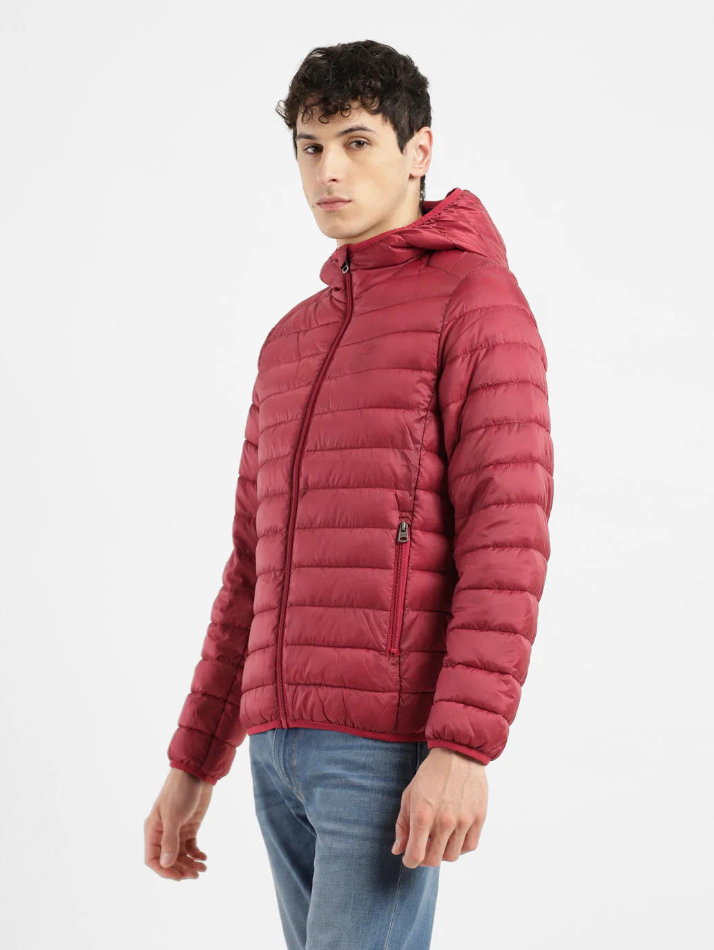 Men's Solid Red Hooded Quilted Jacket - Image 8