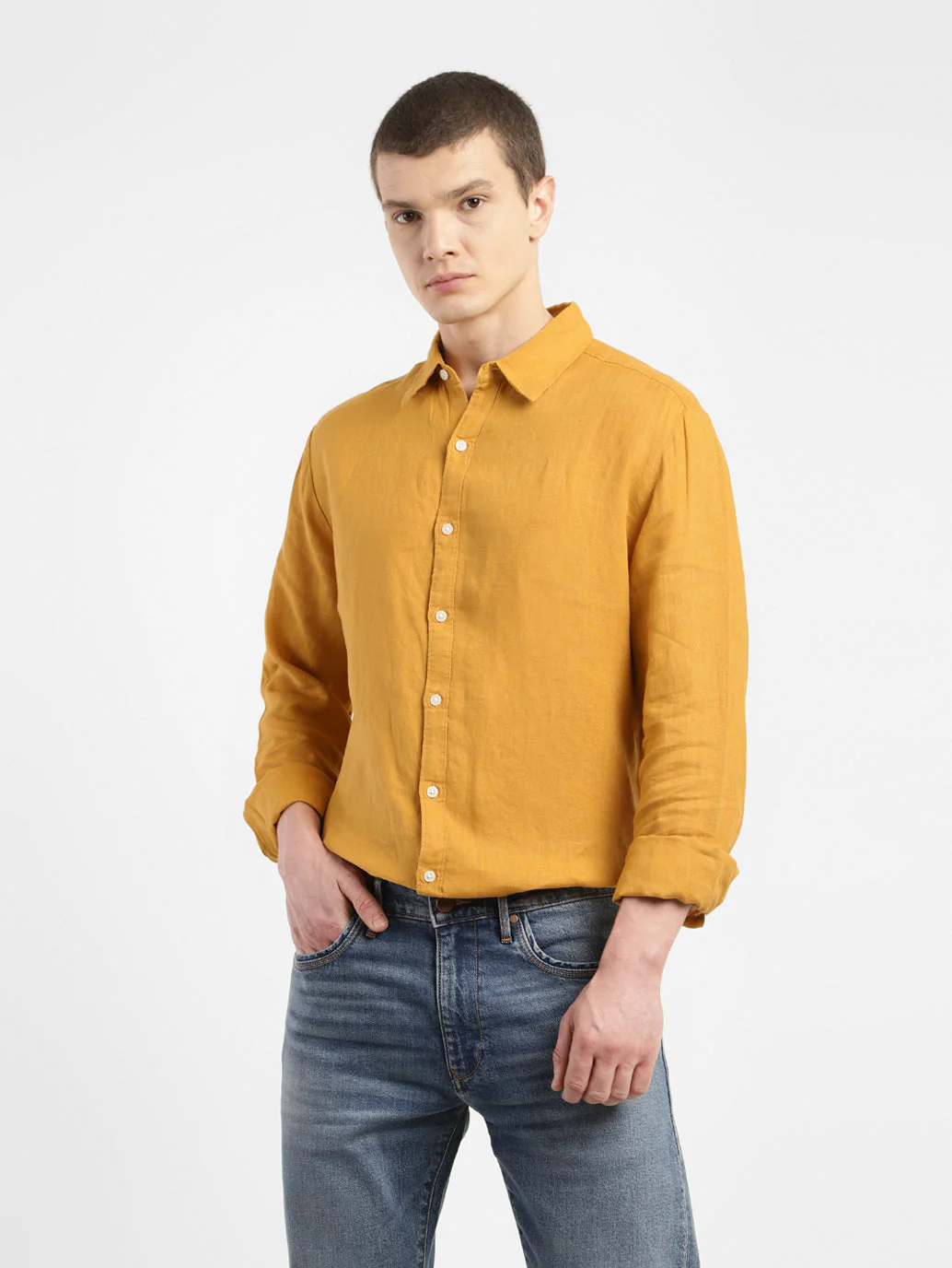 Men's Solid Spread Collar Linen Shirt - Image 2