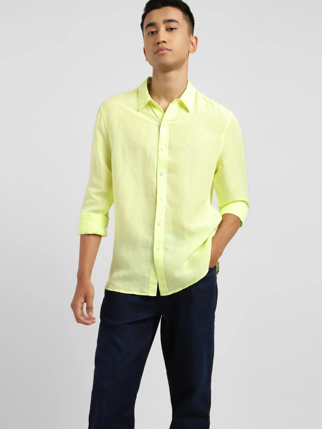 Men's Solid Spread Collar Linen Shirt Yellow - Image 2