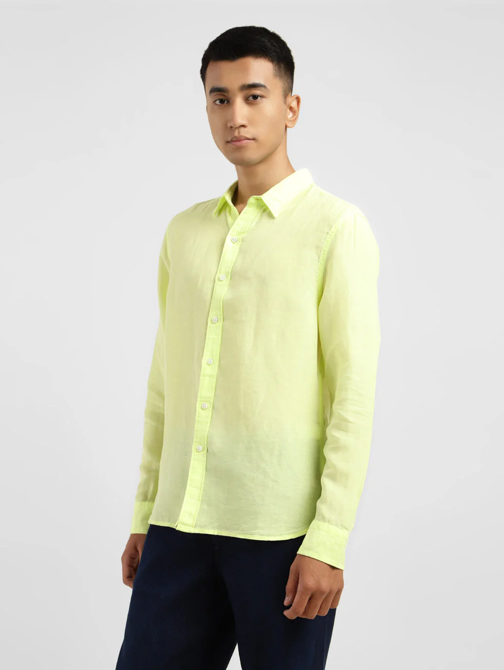 Men's Solid Spread Collar Linen Shirt Yellow - Image 4