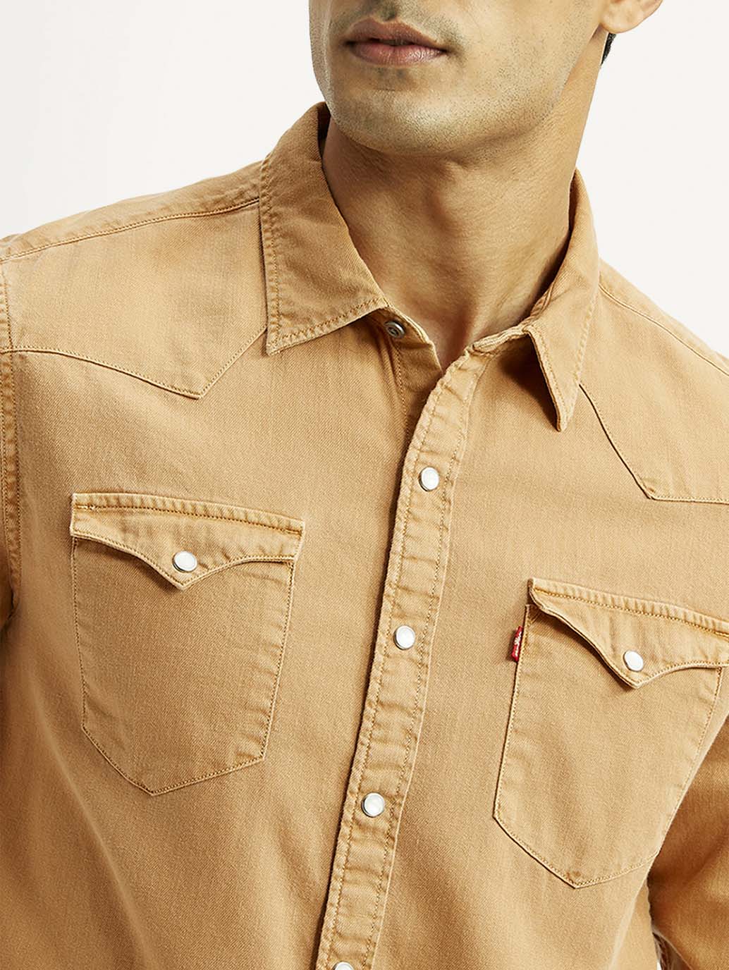 Men's Solid Tan Slim Fit Denim Shirt - Image 3