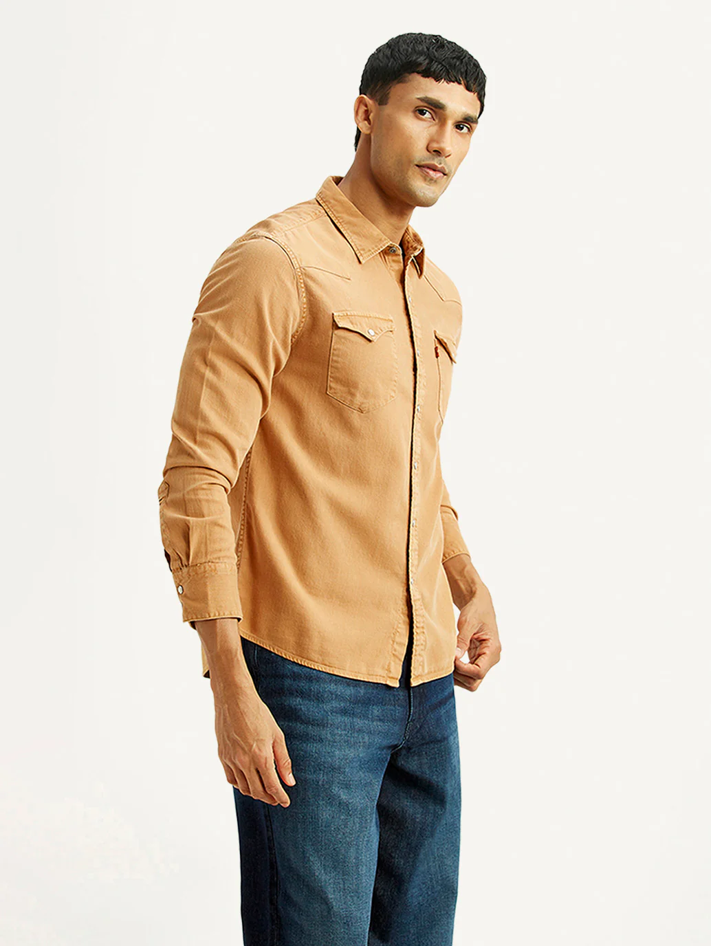 Men's Solid Tan Slim Fit Denim Shirt - Image 4