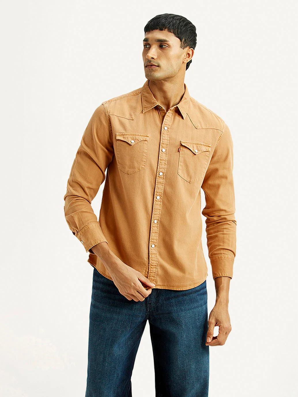 Men's Solid Tan Slim Fit Denim Shirt - Image 5