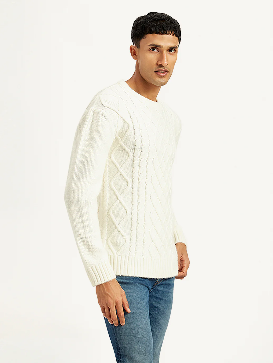Men's Solid White Crew Neck Sweater - Image 5