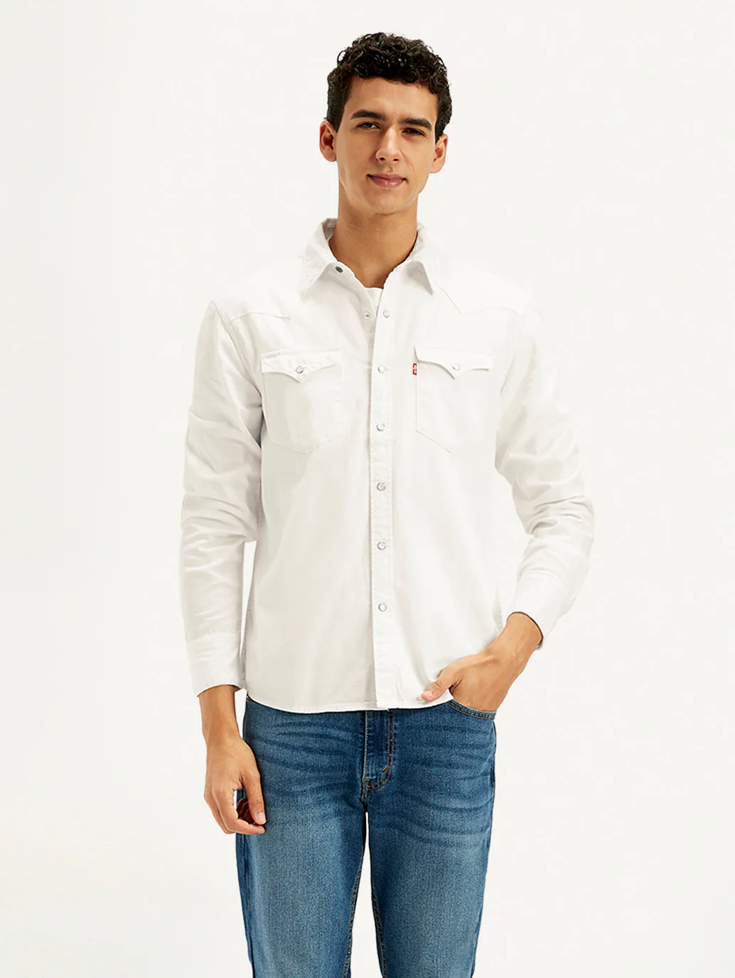 Men's Solid White Spread Collar Denim Shirt - Image 2