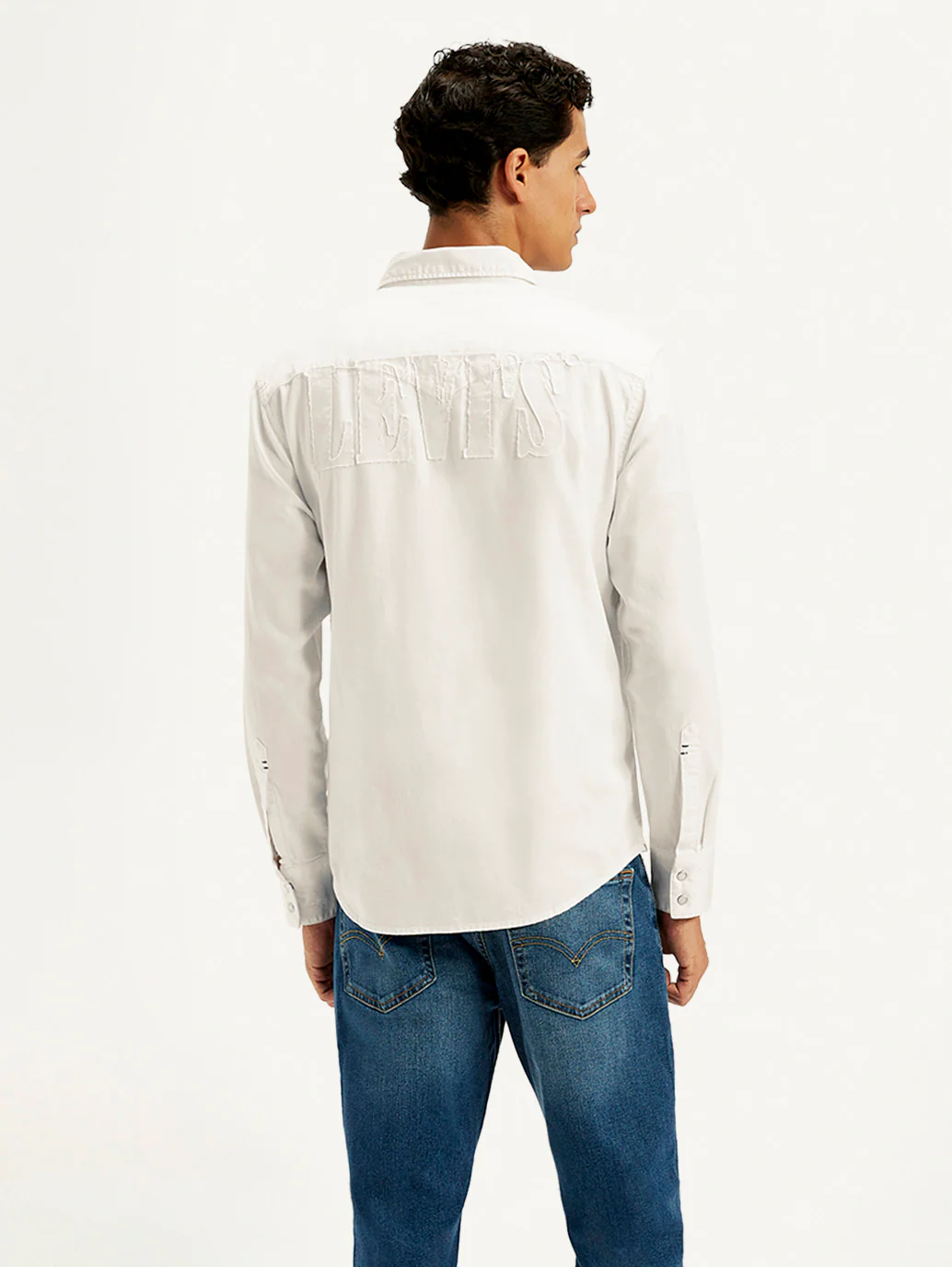 Men's Solid White Spread Collar Denim Shirt - Image 3