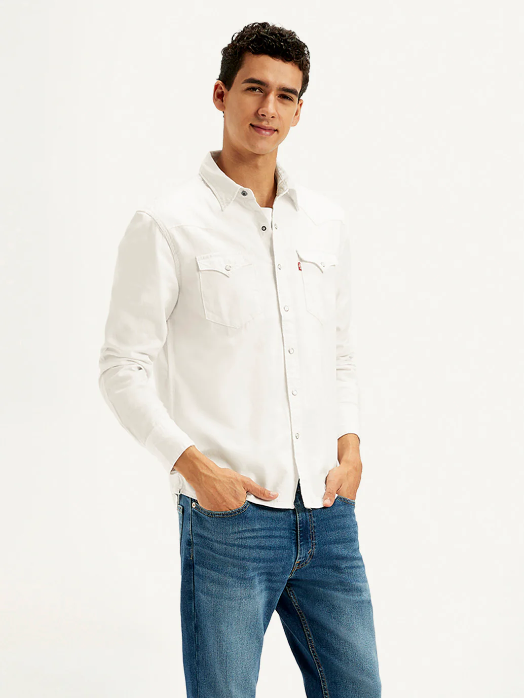 Men's Solid White Spread Collar Denim Shirt - Image 5