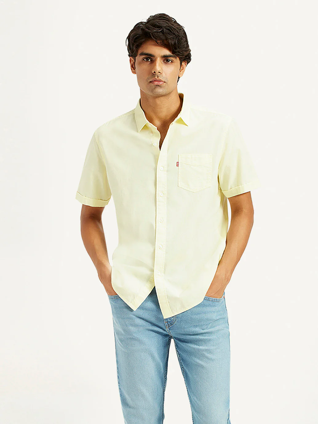 Men's Solid Yellow Spread Collar Shirt