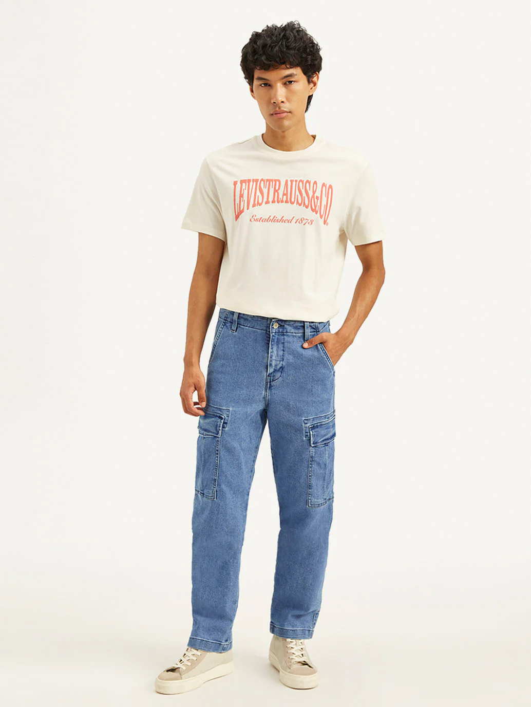 Men's Blue Straight Fit Mid Rise Cargo Jeans - Image 2