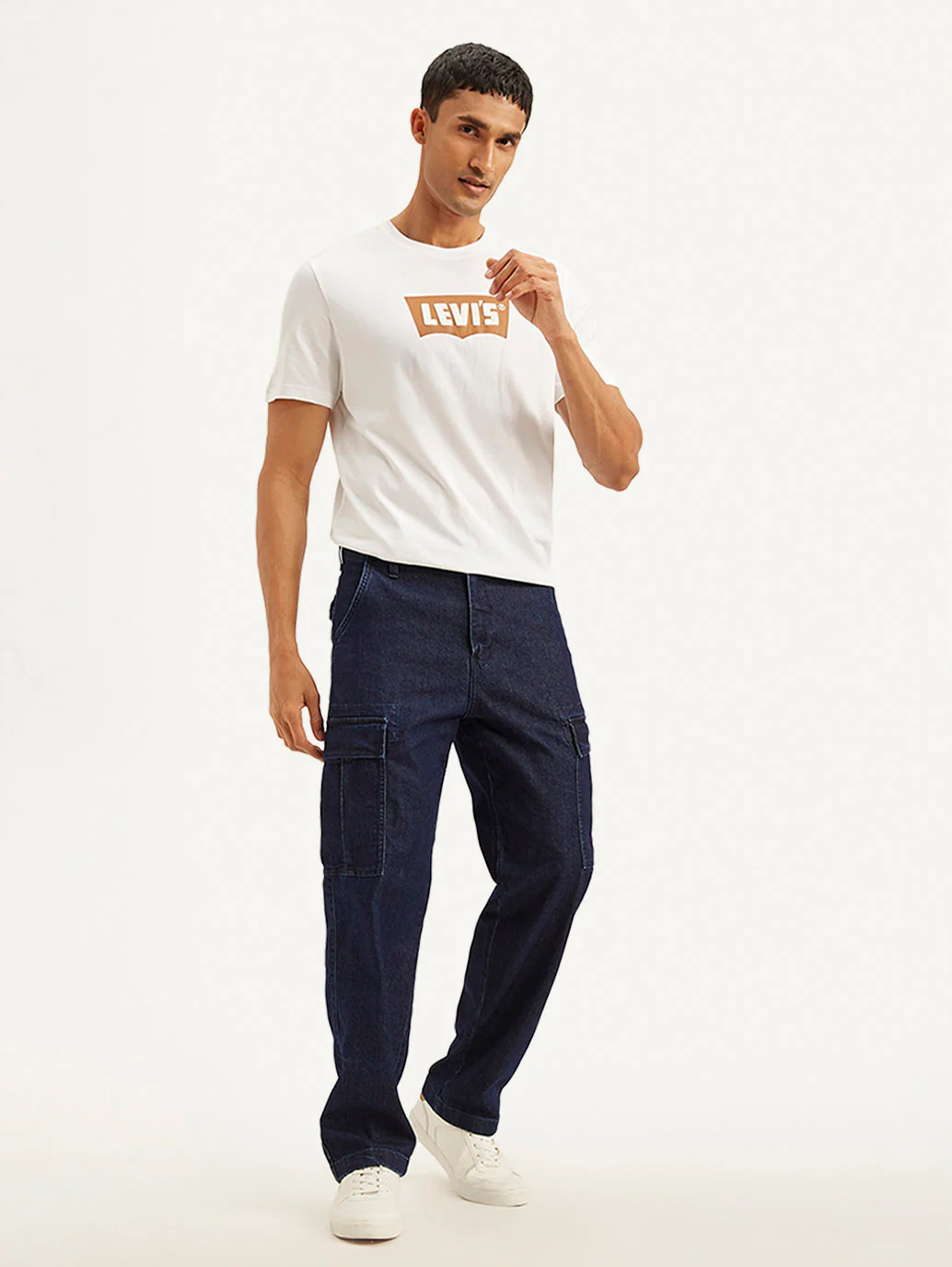 Men's Navy Blue Straight Fit Mid Rise Cargo Jeans - Image 2