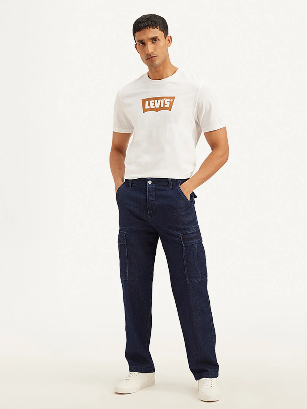 Men's Navy Blue Straight Fit Mid Rise Cargo Jeans - Image 3